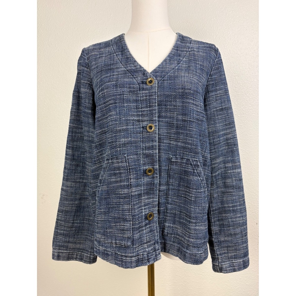 Pure Jill Indigo Blue Textured Button Front Jacket Womens XS Cotton Blend V-Neck - Picture 1 of 8